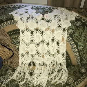 Woman’s size L white crochet flower shirt, tassels